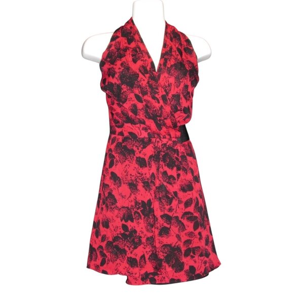 BCBGeneration Red Floral Mini Wrap Dress Sz Small Womens Red & Black Side Wrap - Picture 1 of 16